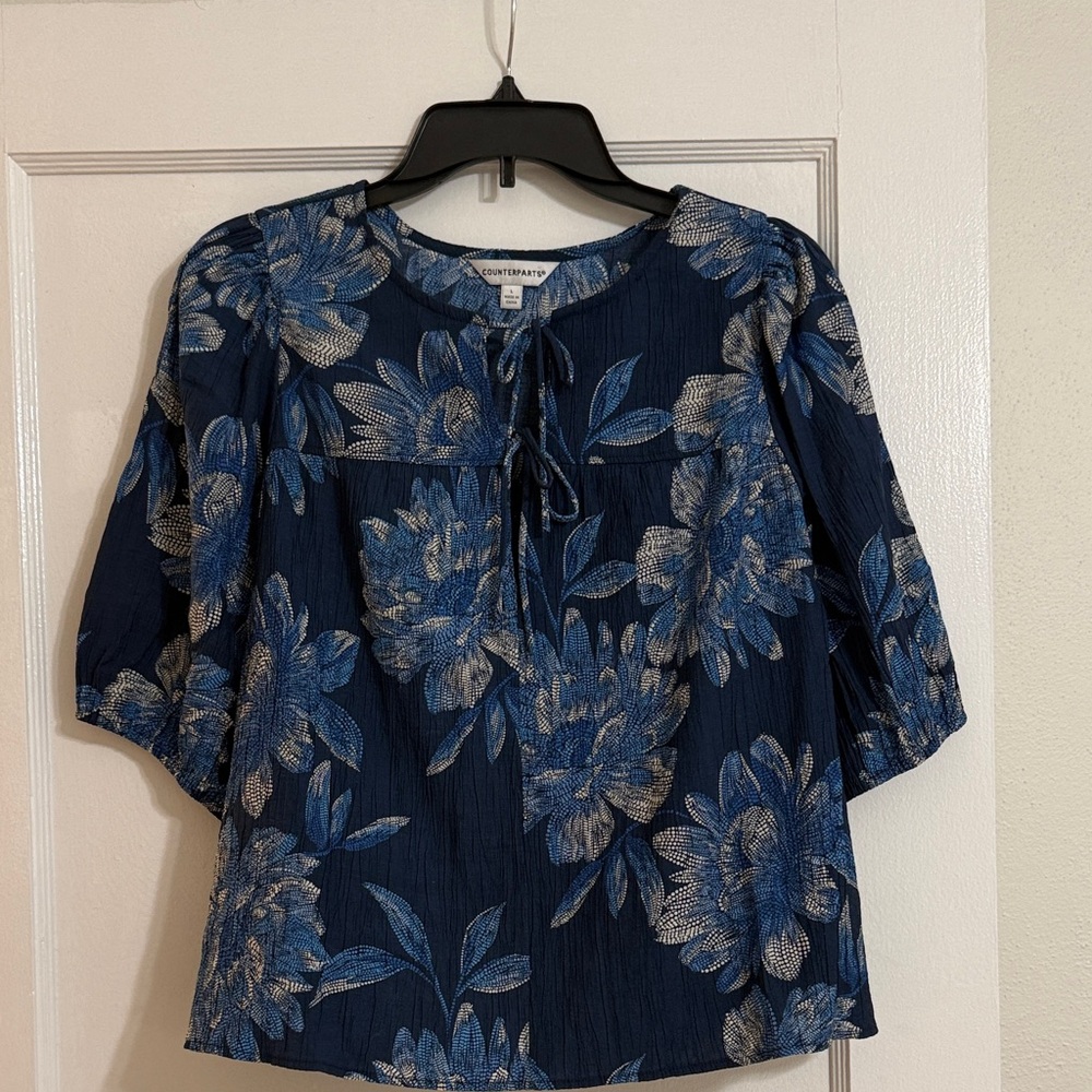 Counterparts Navy Blue Floral Tie-Neck Blouse